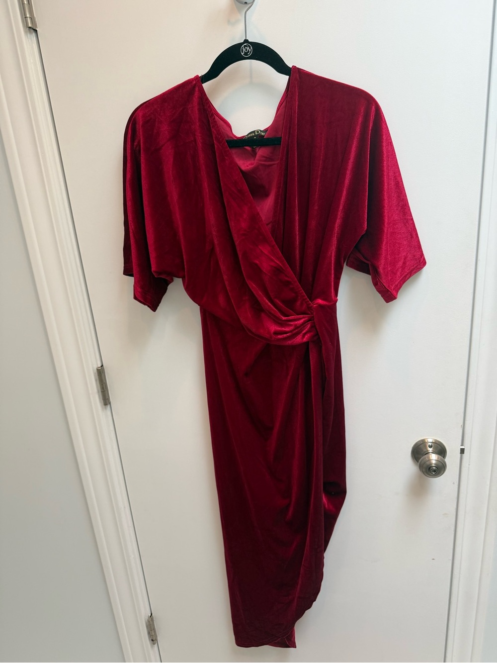 Red Velvet Midi Wrap Dress in Deep Wine